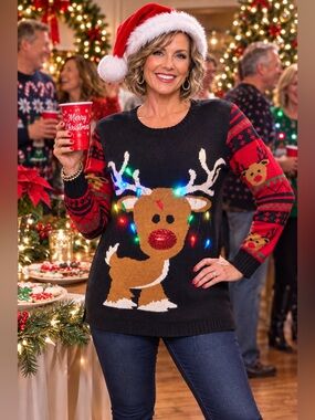 Ugly Christmas Sweater No Boundaries Baby Reindeer LED Lights On Antlers Sz M